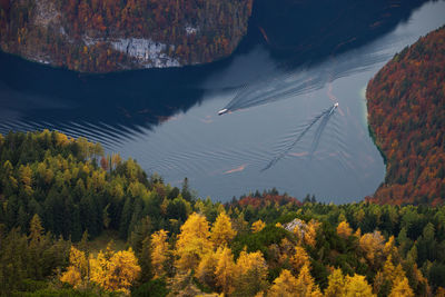 High angle view of boats in river