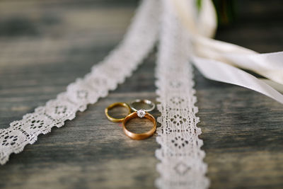 Close-up of wedding ring on table