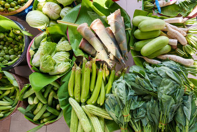 High angle view of vegetables for sale at market stall