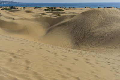 Scenic view of sand dunes at beach against sky