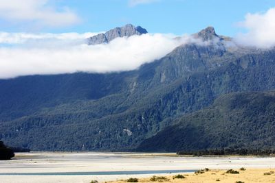 Scenic view of lake and mountains against sky