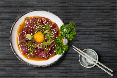 High angle view of food in bowl on table