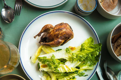 High angle view of meal served in plate on table