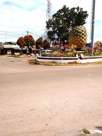 Road by plants in city against sky