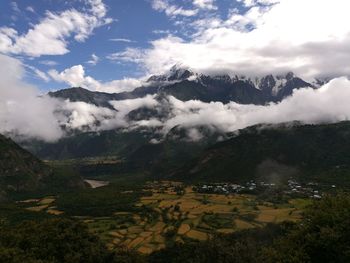 Scenic view of mountains against cloudy sky