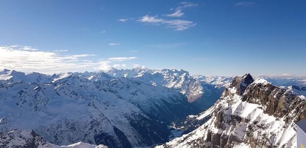 Scenic view of snowcapped mountains against sky