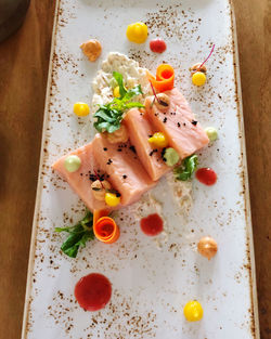 High angle view of food in plate on table