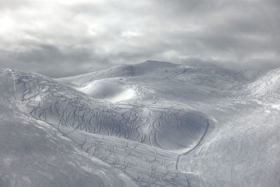 Aerial view of snow covered landscape against sky