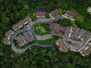 Aerial view of residential building at greenery highland in fraser's hill, pahang, malaysia.