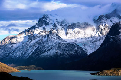 Scenic view of snowcapped mountains against sky