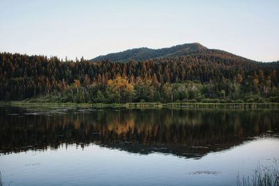 Scenic view of lake and mountains against clear sky