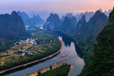 High angle view of mountain range at night