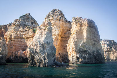 Rock formations in sea against clear sky