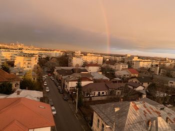 High angle view of townscape against sky at sunset