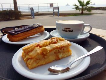 High angle view of breakfast served on table