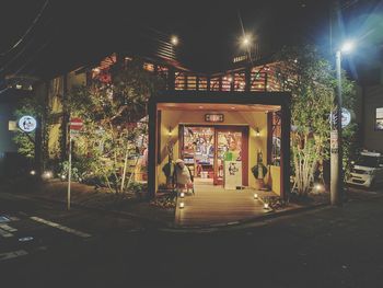 Illuminated street lights on footpath in city at night