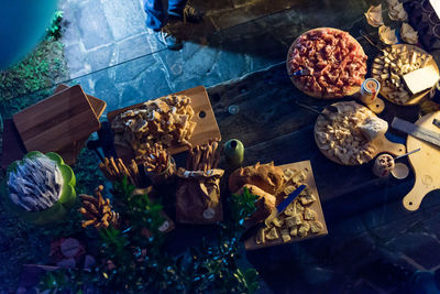 High angle view of various food on table during party