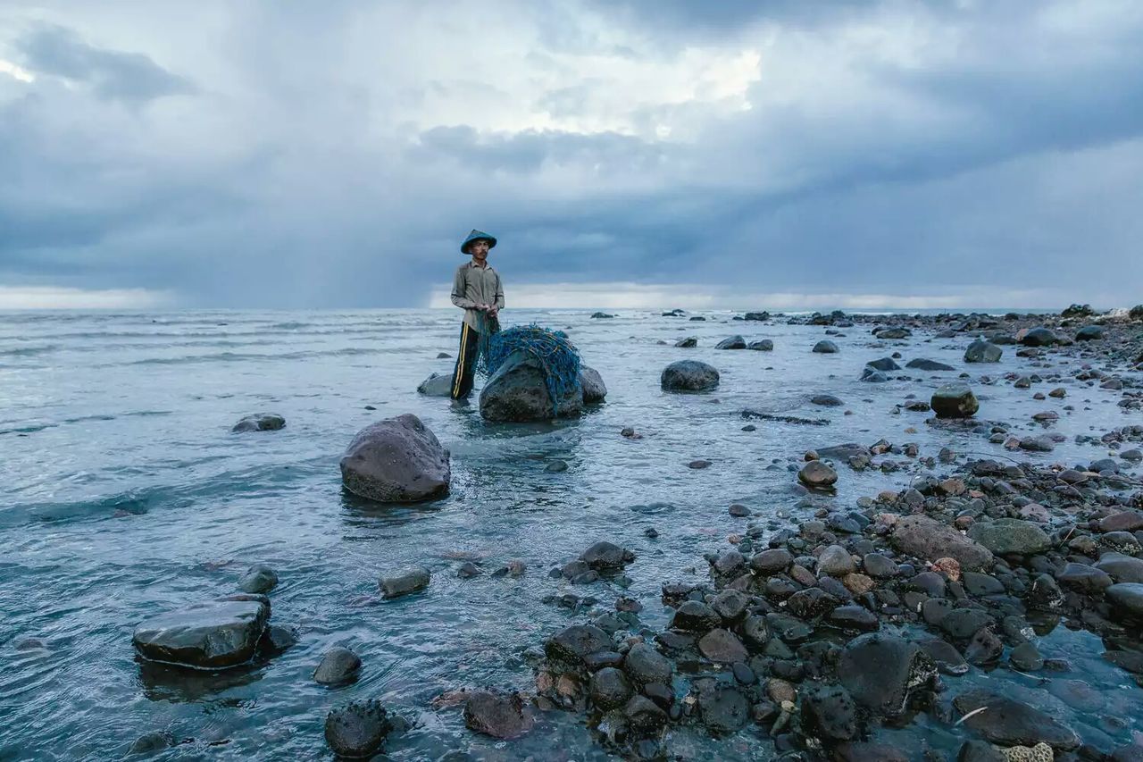 sky, water, cloud - sky, rock - object, animal themes, one animal, sea, tranquil scene, full length, tranquility, cloudy, nature, beauty in nature, scenics, dog, cloud, one person, beach, shore, horizon over water