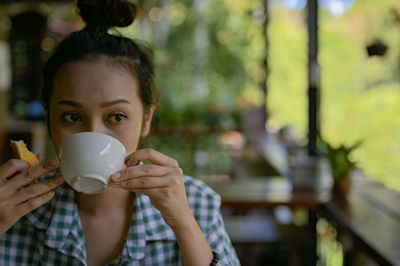 Series photo of young woman have a breakfast , morning meal