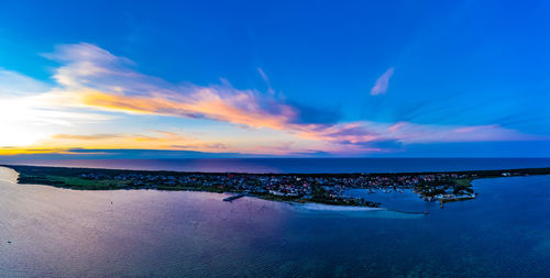 Beautiful panorama color sky, sunset by the baltic sea, jastarnia, poland. aerial view