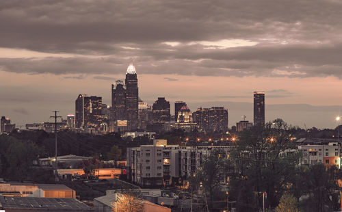 High angle view of buildings against sky during sunset