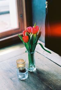 Close-up of flowers in vase on window sill