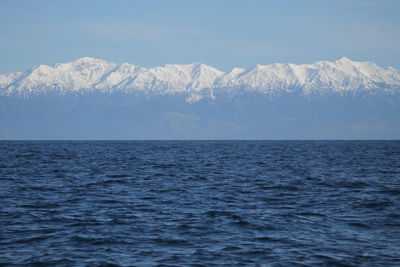 Lake with mountains in background