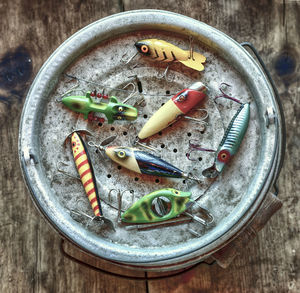 High angle view of food in container on table