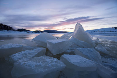 Snow covered landscape against sky during sunset