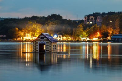 Floating house in the parcul valea morilor in chisinau, modova, by night