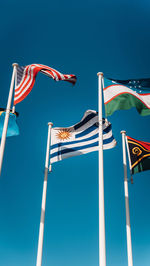 Low angle view of flag against blue sky