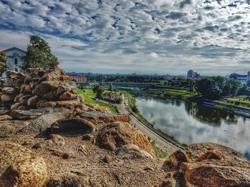 Aerial view of river against cloudy sky