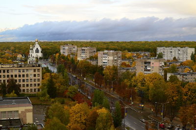 High angle view of buildings in city