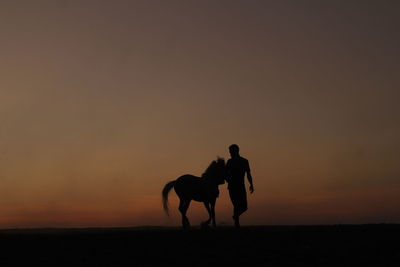 Silhouette man with horse on beach against sky during sunset