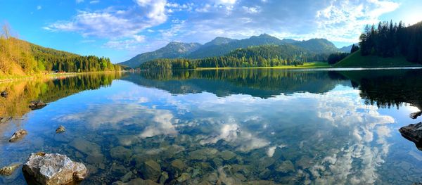 Panoramic view of lake and mountains against sky
