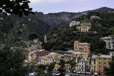 Yachts and recreational boats in the harbor with colorful traditional houses - portofino, italy 