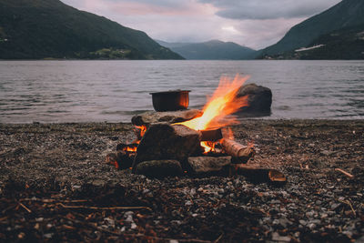 Bonfire on wooden log at shore against sky