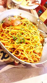 Close-up of noodles in bowl on table