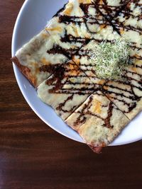 High angle view of dessert in plate on table