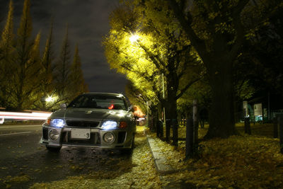 Cars on illuminated street at night