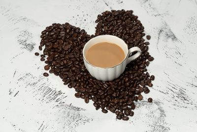 High angle view of coffee cup on table