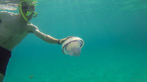 Man swimming by jellyfish in sea