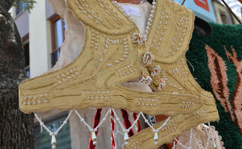 Close-up of women against wall