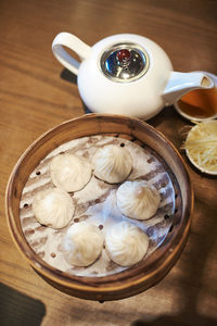 High angle view of breakfast on table