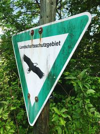 Close-up of information sign against trees