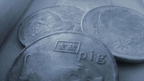 High angle view of coins on floor