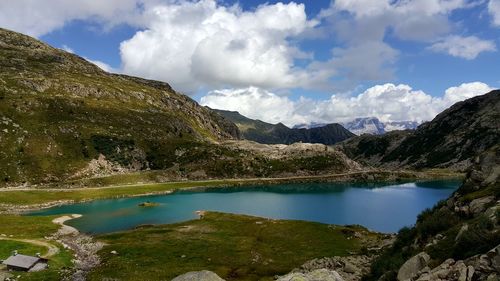 Scenic view of lake and mountains against sky