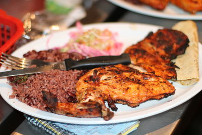 Close-up of meat in plate on table