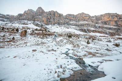 Snow covered land and mountains against sky