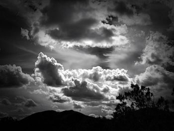 Low angle view of silhouette trees against dramatic sky